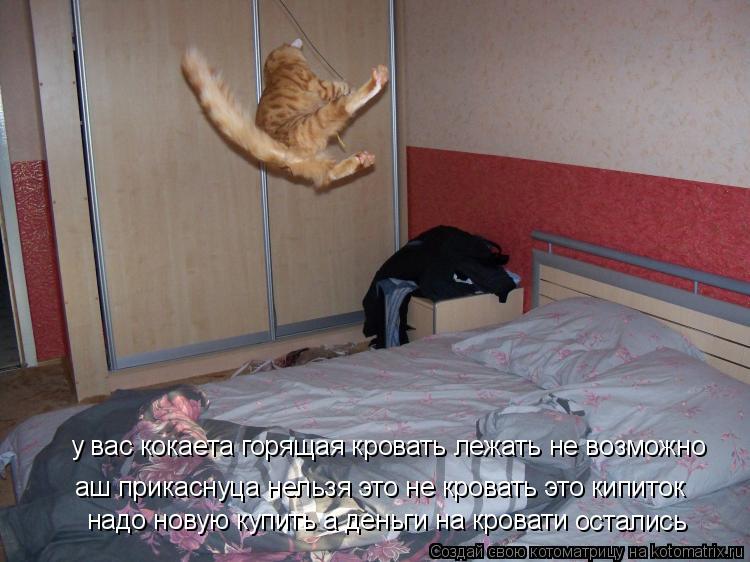 Котоматрица: у вас кокаета горящая кровать лежать не возможно аш прикаснуца нельзя это не кровать это кипиток надо новую купить а деньги на кровати оста