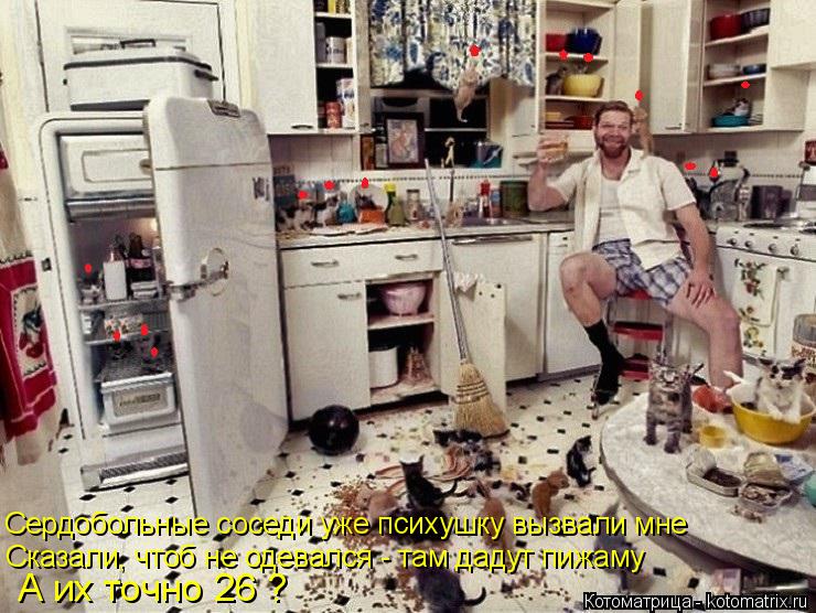 Котоматрица: Сердобольные соседи уже психушку вызвали мне Сказали, чтоб не одевался - там дадут пижаму А их точно 26 ?