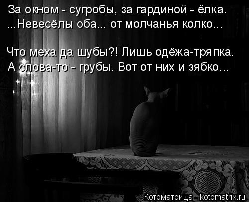 За окном - сугробы, за гардиной - ёлка. Что меха да шубы?! Лишь одёжа-тряпка. А слова-то - грубы. Вот... Котоматрица: За окном - сугробы, за гардиной - ёлка. Что меха да шубы?! Лишь одёжа-тряпка. А слова-то - грубы. Вот от них и зябко... ...Невесёлы оба... от молчанья