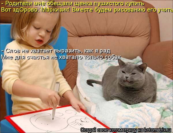 Котоматрица: - Родители мне обещали щенка пушистого купить Вот здОрово, Маркизик! Вместе будем рисованию его учить - Слов не хватает выразить, как я рад М