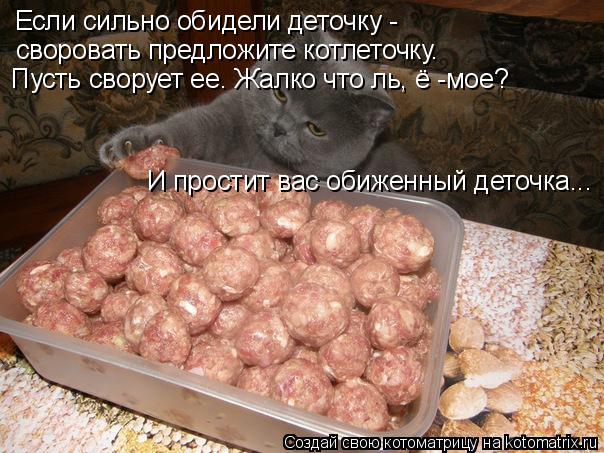 Если сильно обидели деточку - своровать предложите котлеточку. Пусть сворует ее. Жалко что ль, ё -мо... Котоматрица: Если сильно обидели деточку - своровать предложите котлеточку. Пусть сворует ее. Жалко что ль, ё -мое? И простит вас обиженный деточка...