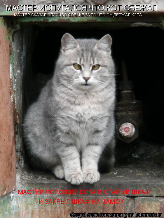 Котоматрица: МАСТЕР ИСПУГАЛСЯ ЧТО КОТ СБЕЖАЛ МАСТЕР СКАЗАЛ СПАСИБО СОБАКЕ ЗА ТО ЧТО ОН ДЕРЖАЛ КОТА МАСТЕР ПОЛОЖИЛ КОТА В СТАРЫЙ ШКАФ И ЗАКРЫЛ ШКАФ НА ЗАМ