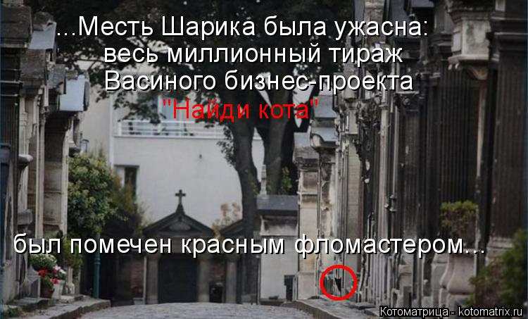 ...Месть Шарика была ужасна: весь миллионный тираж Васиного бизнес-проекта "Найди кота" был помечен... Котоматрица: ...Месть Шарика была ужасна: весь миллионный тираж Васиного бизнес-проекта "Найди кота" был помечен красным фломастером...