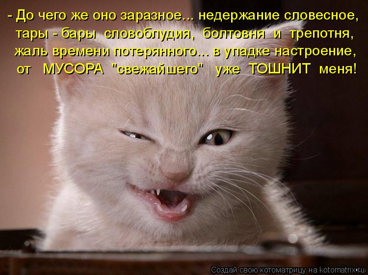 - До чего же оно заразное... недержание словесное, тары - бары словоблудия, болтовня и трепотня, ... Котоматрица: - До чего же оно заразное... недержание словесное, тары - бары словоблудия, болтовня и трепотня, жаль времени потерянного... в упадке настрое