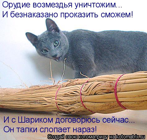 Орудие возмездья уничтожим... И безнаказано проказить сможем! И с Шариком договорюсь сейчас... Он тап... Котоматрица: Орудие возмездья уничтожим... И безнаказано проказить сможем! И с Шариком договорюсь сейчас... Он тапки слопает нараз!
