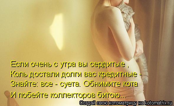 Коль достали долги вас кредитные - Если очень с утра вы сердитые , Знайте: все - суета. Обнимите ко... Котоматрица: Коль достали долги вас кредитные - Если очень с утра вы сердитые , Знайте: все - суета. Обнимите кота И побейте коллекторов битою...