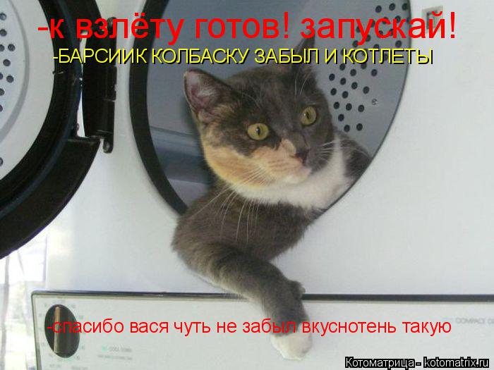 -к взлёту готов! запускай! -БАРСИИК КОЛБАСКУ ЗАБЫЛ И КОТЛЕТЫ -спасибо вася чуть не забыл вкуснотень ... Котоматрица: -к взлёту готов! запускай! -БАРСИИК КОЛБАСКУ ЗАБЫЛ И КОТЛЕТЫ -спасибо вася чуть не забыл вкуснотень такую