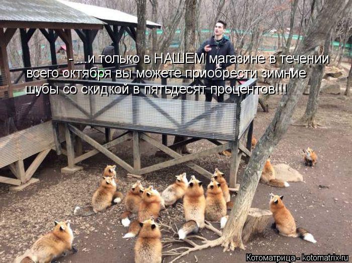- ...и только в НАШЕМ магазине в течении всего октября вы можете приобрести зимние шубы со скидкой в... Котоматрица: - ...и только в НАШЕМ магазине в течении всего октября вы можете приобрести зимние шубы со скидкой в пятьдесят процентов!!!