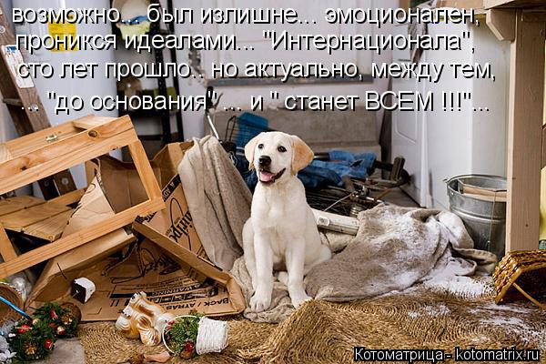 Котоматрица: возможно... был излишне... эмоционален, проникся идеалами... "Интернационала", сто лет прошло.. но актуально, между тем, ... "до основания" ... и " ст