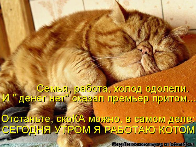 Семья, работа, холод одолели. И " денег нет" сказал премьер притом... СЕГОДНЯ УТРОМ Я РАБОТАЮ КОТОМ ... Котоматрица: Семья, работа, холод одолели. И " денег нет" сказал премьер притом... СЕГОДНЯ УТРОМ Я РАБОТАЮ КОТОМ Отстаньте, скоКА можно, в самом деле: