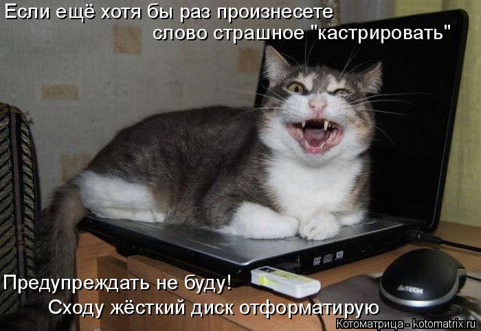 Котоматрица: Если ещё хотя бы раз произнесете  слово страшное "кастрировать" Сходу жёсткий диск отформатирую  Предупреждать не буду!
