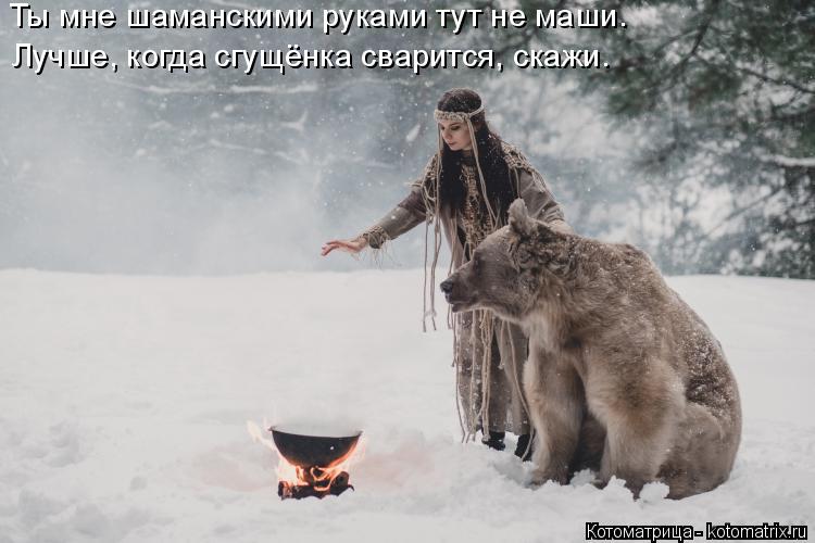 Котоматрица: Ты мне шаманскими руками тут не маши. Лучше, когда сгущёнка сварится, скажи.