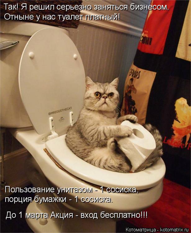 Котоматрица: Так! Я решил серьезно заняться бизнесом. Отныне у нас туалет платный! Пользование унитазом - 1 сосиска, порция бумажки - 1 сосиска. До 1 марта А