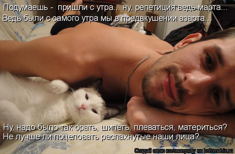 Котоматрица: Ну, надо было так орать, шипеть, плеваться, материться? Не лучше ли поцеловать распахнутые наши лица? Подумаешь -  пришли с утра... ну, репетици