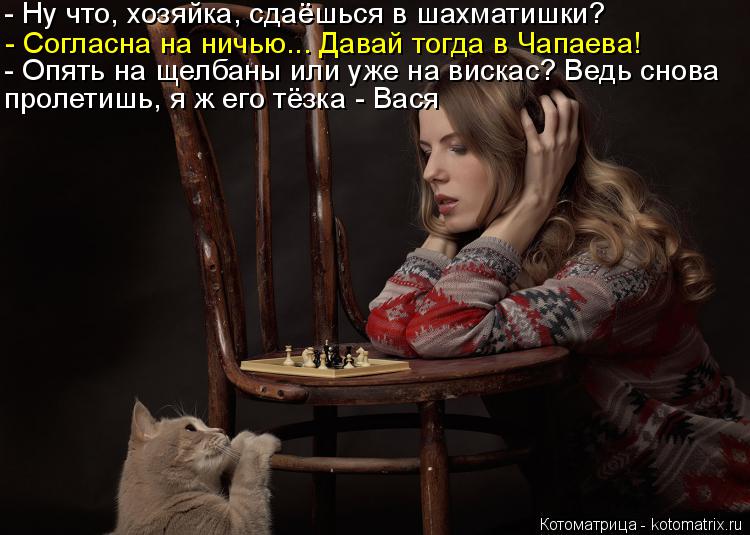 Котоматрица: - Ну что, хозяйка, сдаёшься в шахматишки? - Согласна на ничью... Давай тогда в Чапаева! - Опять на щелбаны или уже на вискас? Ведь снова пролетиш