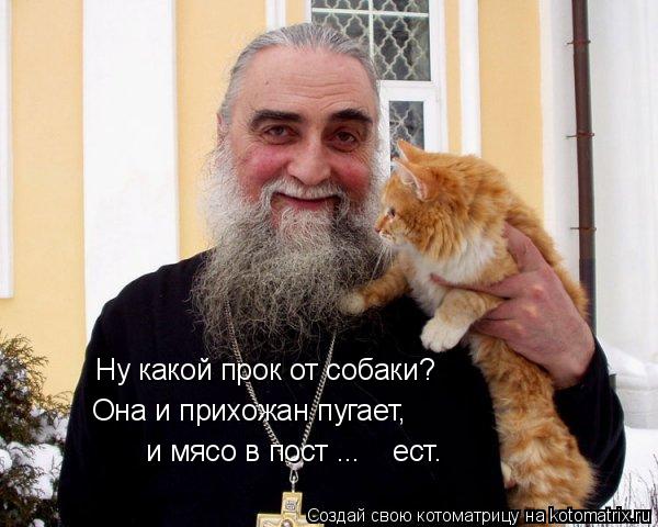 Котоматрица: Ну какой прок от собаки? Она и прихожан пугает, и мясо в пост ...    ест.