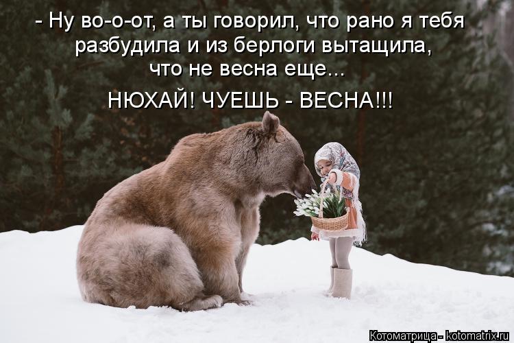 Котоматрица: - Ну во-о-от, а ты говорил, что рано я тебя  разбудила и из берлоги вытащила, что не весна еще... НЮХАЙ! ЧУЕШЬ - ВЕСНА!!!