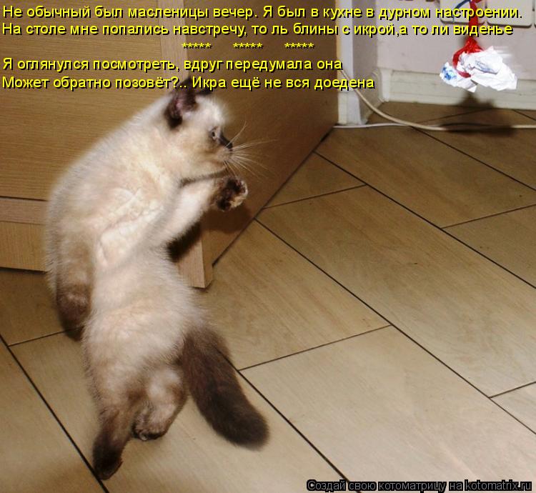 Котоматрица: Не обычный был масленицы вечер. Я был в кухне в дурном настроении. На столе мне попались навстречу, то ль блины с икрой,а то ли виденье Я огля