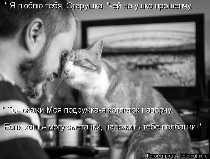 " Я люблю тебя, Старушка.."-ей на ушко прошепчу... Если хошь- могу сметанки, наложить тебе полбанки!"... Котоматрица: " Я люблю тебя, Старушка.."-ей на ушко прошепчу... Если хошь- могу сметанки, наложить тебе полбанки!" " Ты- скажи,Моя подружка-я котлеток наверчу!