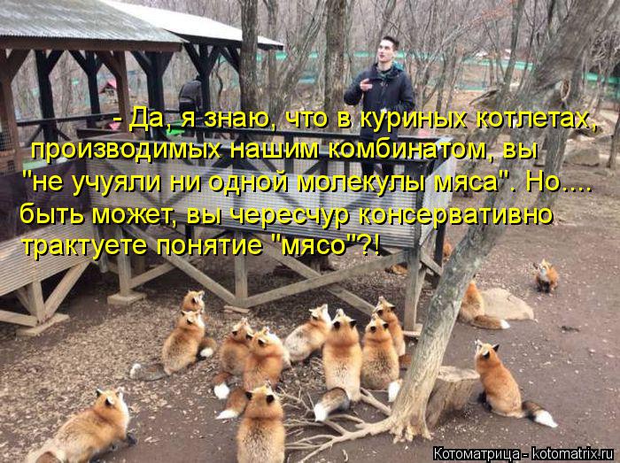 - Да, я знаю, что в куриных котлетах, производимых нашим комбинатом, вы "не учуяли ни одной молекул... Котоматрица: - Да, я знаю, что в куриных котлетах, производимых нашим комбинатом, вы "не учуяли ни одной молекулы мяса". Но.... трактуете понятие "мясо"?! быт