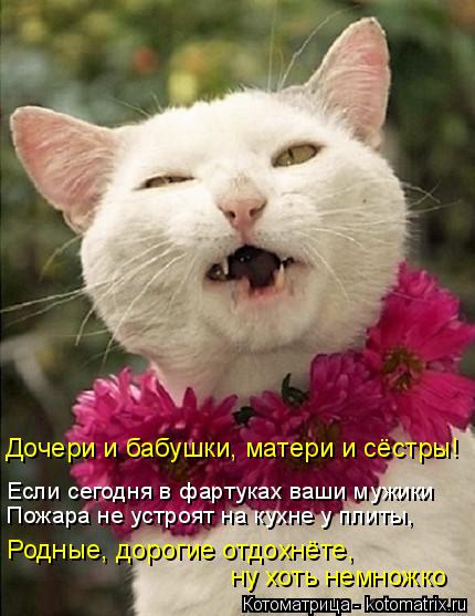 Если сегодня в фартуках ваши мужики Пожара не устроят на кухне у плиты, Родные, дорогие отдохнёте, ну... Котоматрица: Если сегодня в фартуках ваши мужики Пожара не устроят на кухне у плиты, Родные, дорогие отдохнёте, ну хоть немножко Дочери и бабушки, матери