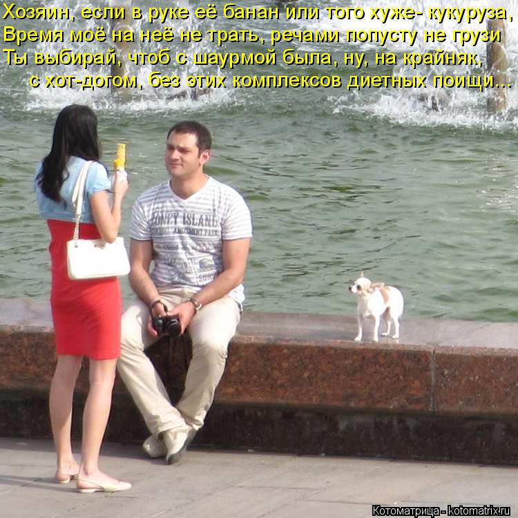 Ты выбирай, чтоб с шаурмой была, ну, на крайняк, с хот-догом, без этих комплексов диетных поищи... Хо... Котоматрица: Ты выбирай, чтоб с шаурмой была, ну, на крайняк, с хот-догом, без этих комплексов диетных поищи... Хозяин, если в руке её банан или того хуже- ку