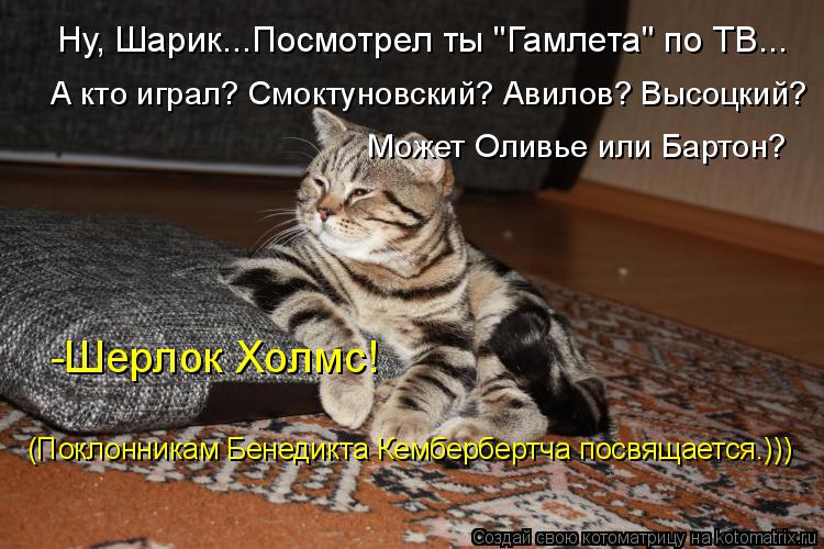 Ну, Шарик...Посмотрел ты "Гамлета" по ТВ... А кто играл? Смоктуновский? Авилов? Высоцкий? Может Олив... Котоматрица: Ну, Шарик...Посмотрел ты "Гамлета" по ТВ... А кто играл? Смоктуновский? Авилов? Высоцкий? Может Оливье или Бартон? -Шерлок Холмс! (Поклонникам Бе