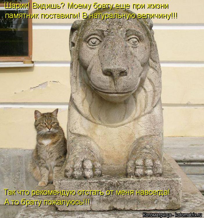 Котоматрица: Шарик! Видишь? Моему брату еще при жизни  памятник поставили! В натуральную величину!!! Так что рекомендую отстать от меня навсегда! А то брат