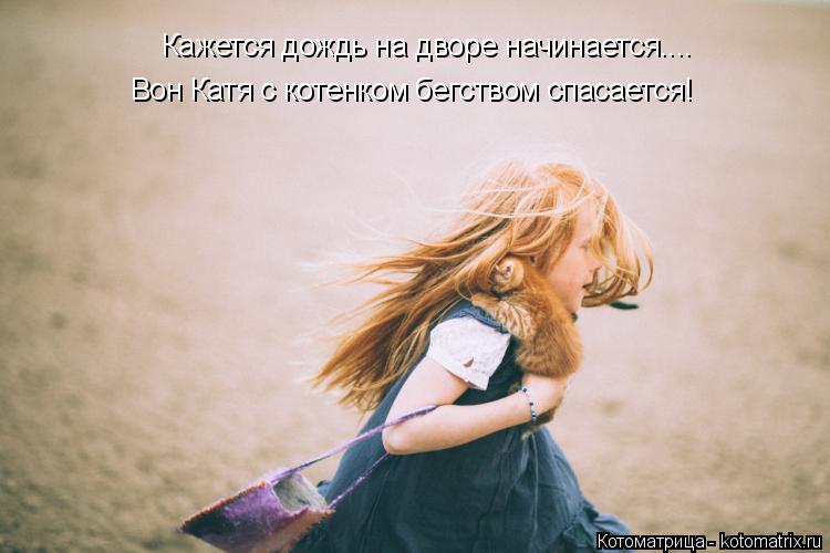 Котоматрица: Кажется дождь на дворе начинается.... Вон Катя с котенком бегством спасается!