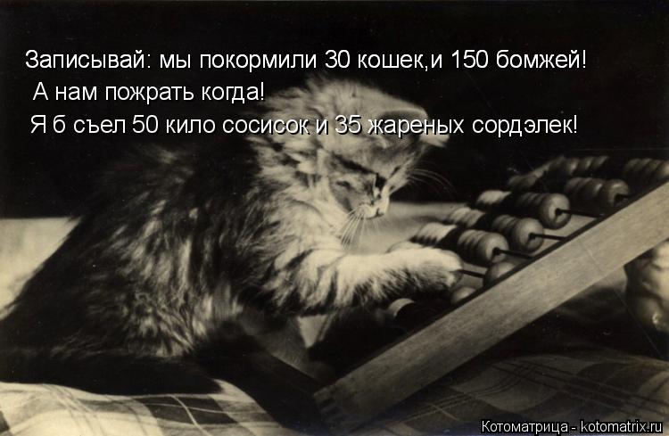 Котоматрица: Записывай: мы покормили 30 кошек,и 150 бомжей! А нам пожрать когда! Я б съел 50 кило сосисок и 35 жареных сордэлек! Записывай: мы покормили 30 кошек,