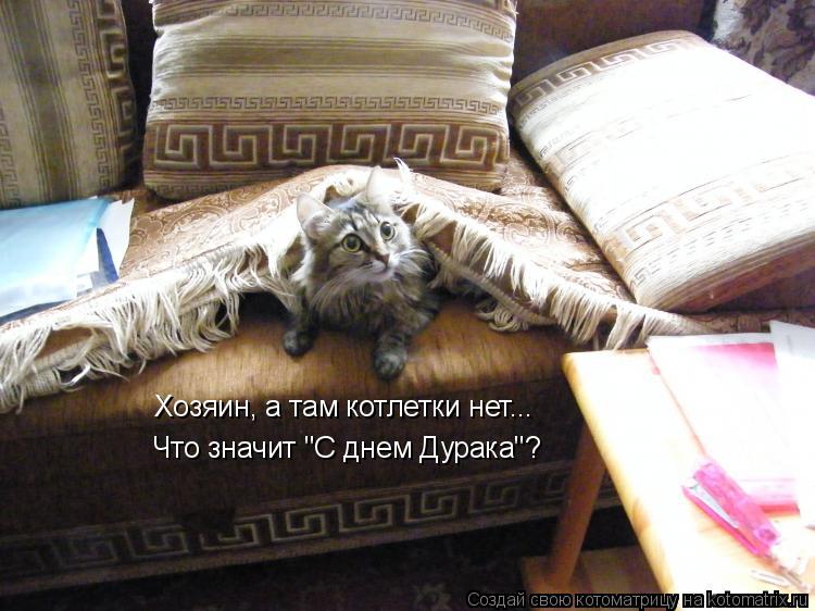 Котоматрица: Хозяин, а там котлетки нет... Что значит "С днем Дурака"?