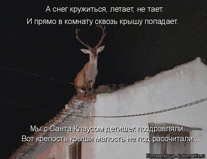 Котоматрица: Вот крепость крыши малость не под рассчитали... Мы с Санта Клаусом детишек поздравляли. А снег кружиться, летает, не тает. И прямо в комнату с