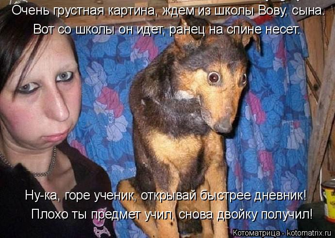 Котоматрица: Плохо ты предмет учил, снова двойку получил! Очень грустная картина, ждем из школы Вову, сына. Вот со школы он идет, ранец на спине несет. Ну-к
