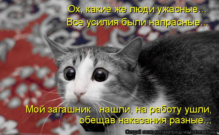 Котоматрица: Ох, какие же люди ужасные... Все усилия были напрасные... обещав наказания разные... Мой загашник   нашли, на работу ушли,