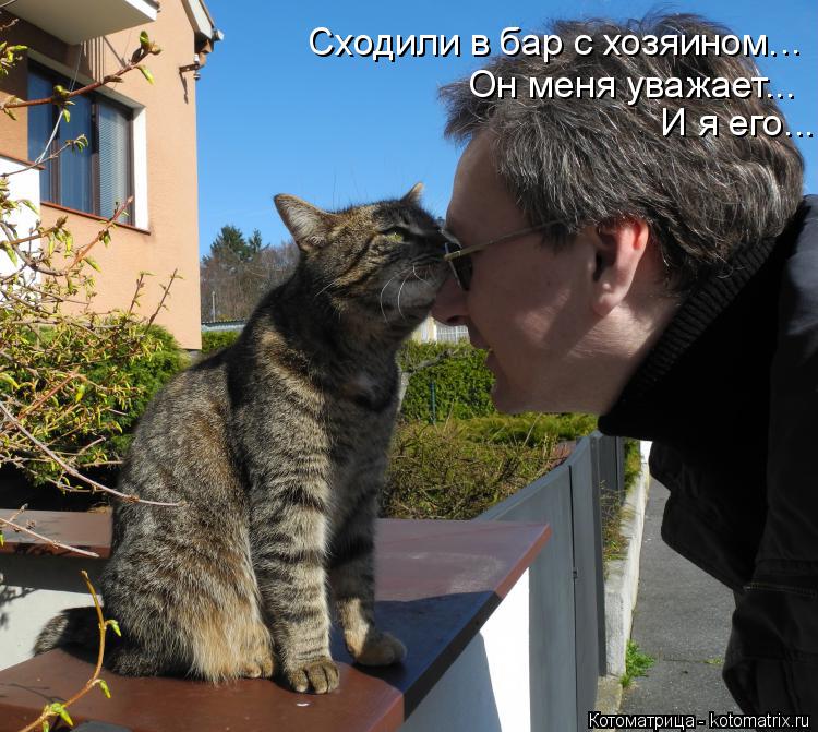 Котоматрица: ..  Сходили в бар с хозяином. Он меня уважает...  И я его...