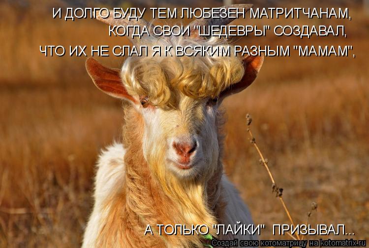 И ДОЛГО БУДУ ТЕМ ЛЮБЕЗЕН МАТРИТЧАНАМ, КОГДА СВОИ "ШЕДЕВРЫ" СОЗДАВАЛ, А ТОЛЬКО "ЛАЙКИ" ПРИЗЫВАЛ... ... Котоматрица: И ДОЛГО БУДУ ТЕМ ЛЮБЕЗЕН МАТРИТЧАНАМ, КОГДА СВОИ "ШЕДЕВРЫ" СОЗДАВАЛ, А ТОЛЬКО "ЛАЙКИ" ПРИЗЫВАЛ... ЧТО ИХ НЕ СЛАЛ Я К ВСЯКИМ РАЗНЫМ "МАМАМ",