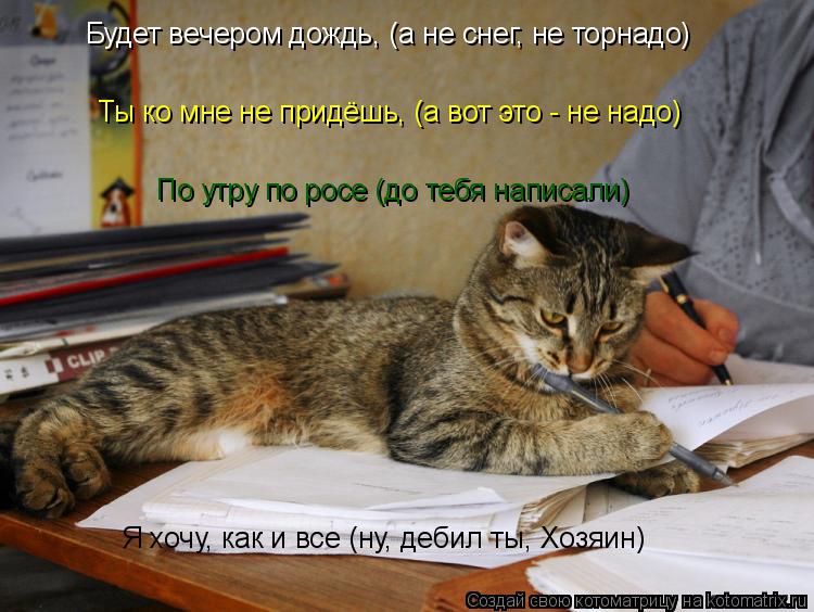 Будет вечером дождь, (а не снег, не торнадо) Ты ко мне не придёшь, (а вот это - не надо) По утру по р... Котоматрица: Будет вечером дождь, (а не снег, не торнадо) Ты ко мне не придёшь, (а вот это - не надо) По утру по росе (до тебя написали) Я хочу, как и все (ну, деб