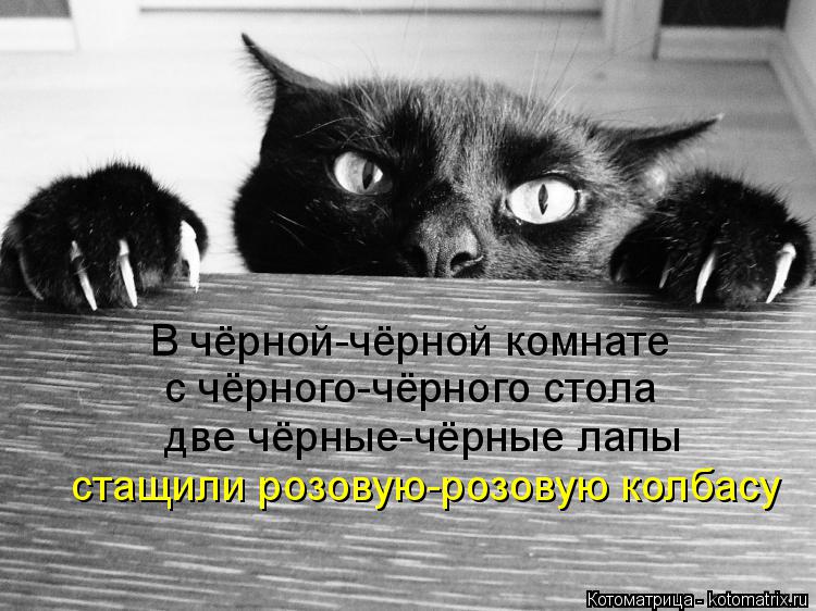 В чёрной-чёрной комнате с чёрного-чёрного стола две чёрные-чёрные лапы стащили розовую-розовую кол... Котоматрица: В чёрной-чёрной комнате с чёрного-чёрного стола две чёрные-чёрные лапы стащили розовую-розовую колбасу