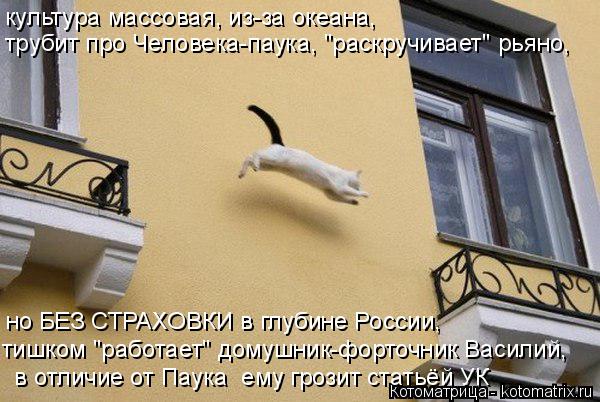 трубит про Человека-паука, "раскручивает" рьяно, культура массовая, из-за океана, тишком "работает" д... Котоматрица: трубит про Человека-паука, "раскручивает" рьяно, культура массовая, из-за океана, тишком "работает" домушник-форточник Василий, но БЕЗ СТРАХО