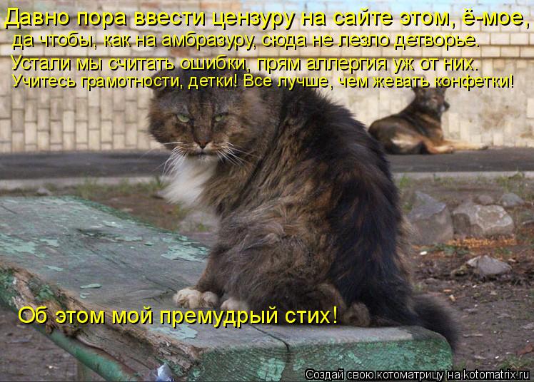Давно пора ввести цензуру на сайте этом, ё-мое, да чтобы, как на амбразуру, сюда не лезло детворье. ... Котоматрица: Давно пора ввести цензуру на сайте этом, ё-мое, да чтобы, как на амбразуру, сюда не лезло детворье. Устали мы считать ошибки, прям аллергия уж