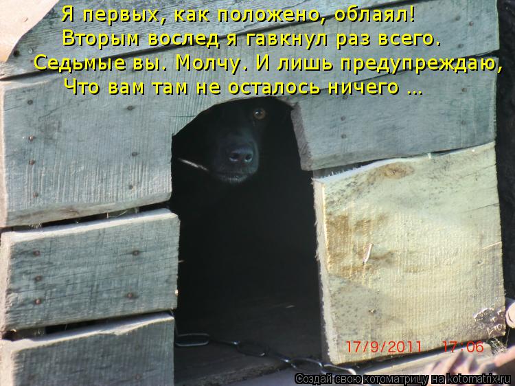 Я первых, как положено, облаял! Вторым вослед я гавкнул раз всего. Седьмые вы. Молчу. И лишь предупре... Котоматрица: Я первых, как положено, облаял! Вторым вослед я гавкнул раз всего. Седьмые вы. Молчу. И лишь предупреждаю, Что вам там не осталось ничего …