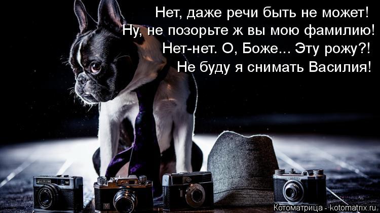 Нет, даже речи быть не может! Нет-нет. О, Боже... Эту рожу?! Не буду я снимать Василия! Ну, не позорь... Котоматрица: Нет, даже речи быть не может! Нет-нет. О, Боже... Эту рожу?! Не буду я снимать Василия! Ну, не позорьте ж вы мою фамилию!