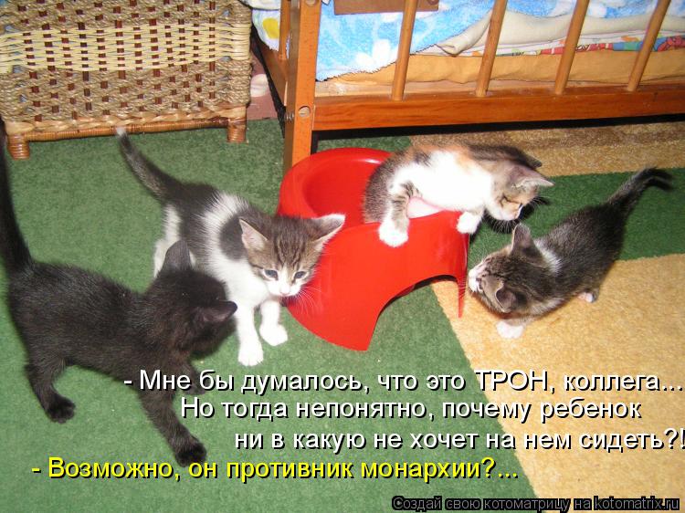 Котоматрица: Но тогда непонятно, почему ребенок  ни в какую не хочет на нем сидеть?!... - Мне бы думалось, что это ТРОН, коллега... - Возможно, он противник мон