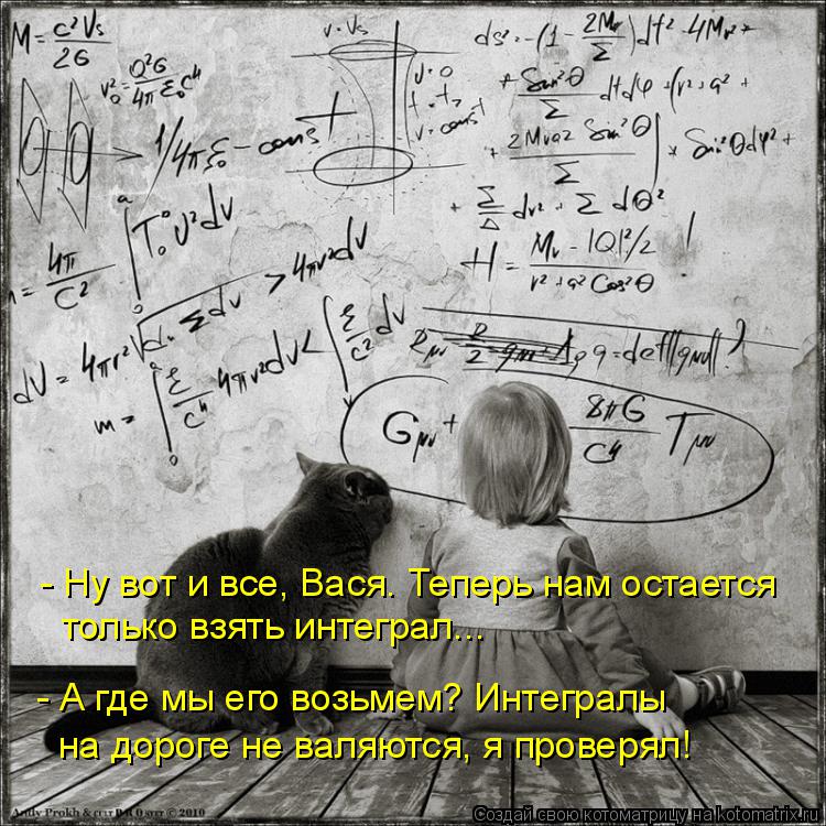 Котоматрица: - Ну вот и все, Вася. Теперь нам остается  только взять интеграл... - А где мы его возьмем? Интегралы  на дороге не валяются, я проверял!