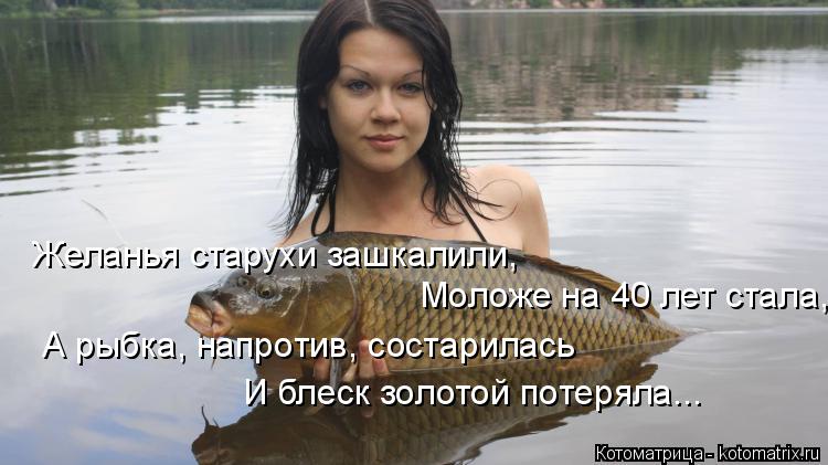 Желанья старухи зашкалили, Моложе на 40 лет стала, А рыбка, напротив, состарилась И блеск золотой по... Котоматрица: Желанья старухи зашкалили, Моложе на 40 лет стала, А рыбка, напротив, состарилась И блеск золотой потеряла...