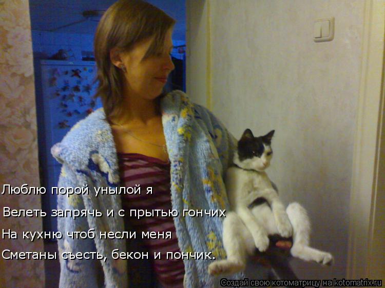 Котоматрица: Люблю порой унылой я Велеть запрячь и с прытью гончих На кухню чтоб несли меня Сметаны съесть, бекон и пончик.