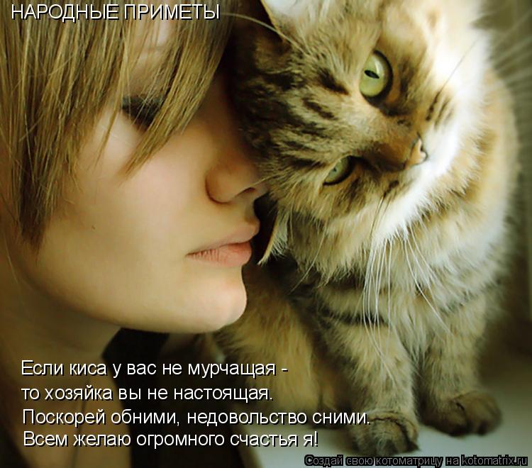 Котоматрица: НАРОДНЫЕ ПРИМЕТЫ Поскорей обними, недовольство сними. то хозяйка вы не настоящая. Если киса у вас не мурчащая -  Всем желаю огромного счасть