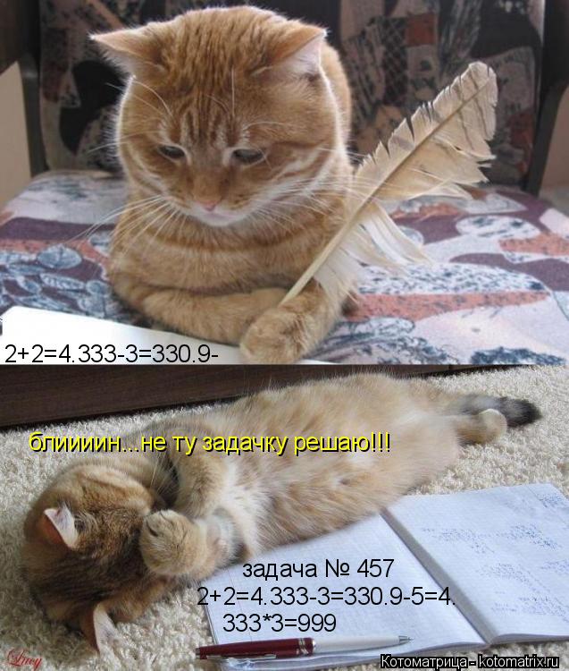 Котоматрица: блиииин...не ту задачку решаю!!! 2+2=4.333-3=330.9- 2+2=4.333-3=330.9-5=4. задача № 457 333*3=999