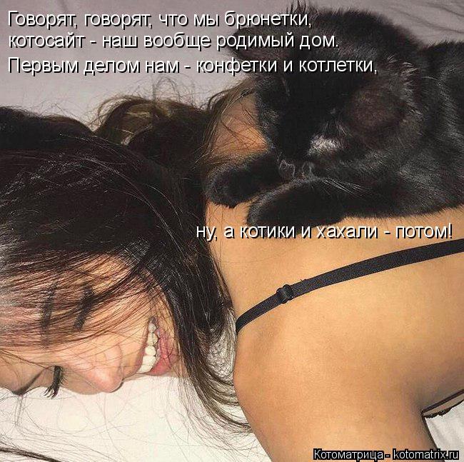 Котоматрица: Говорят, говорят, что мы брюнетки,  котосайт - наш вообще родимый дом. Первым делом нам - конфетки и котлетки,  ну, а котики и хахали - потом!