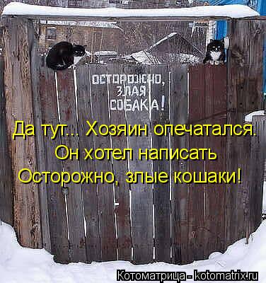 Да тут... Хозяин опечатался. Он хотел написать Осторожно, злые кошаки!... Котоматрица: Да тут... Хозяин опечатался. Он хотел написать Осторожно, злые кошаки!